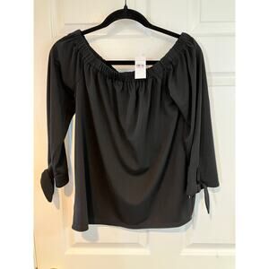 Ann Taylor Off Shoulder Black Crepe Peasant Blouse 3/4 Bow Sleeve Size S